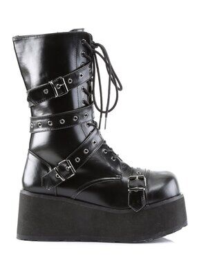 Goth Punk Calf Boots with Wrap-Around Strap and Inner Side Zip Closure
